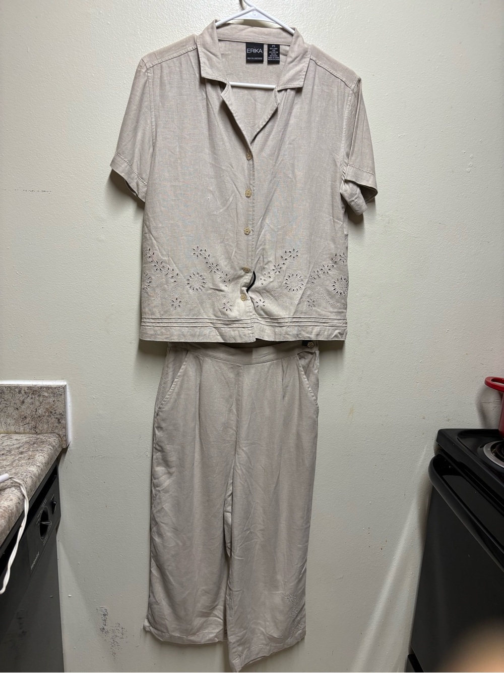 Y2K Erika eyelet linen-blend button-down short sleeve top crop pants set PS
